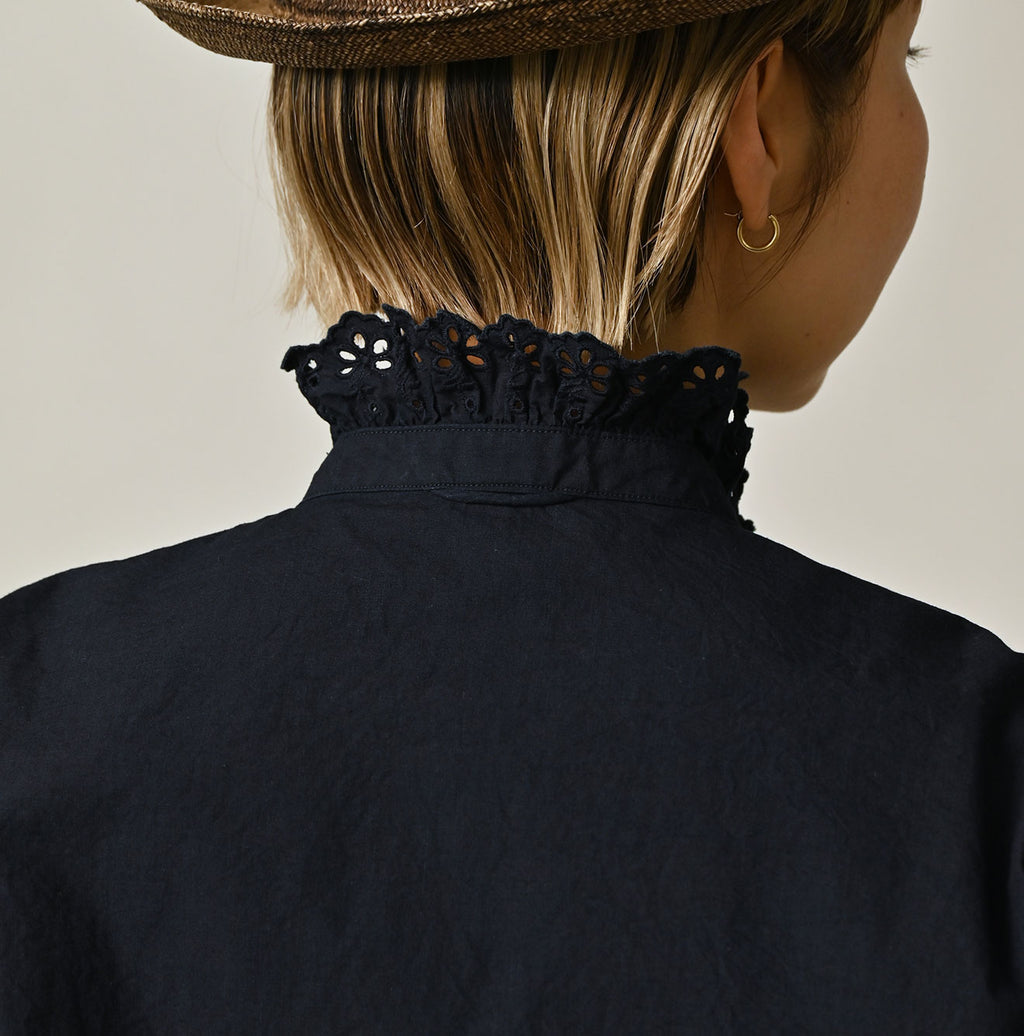 Indigo Supima Batiste Cutwork Blouse Detail