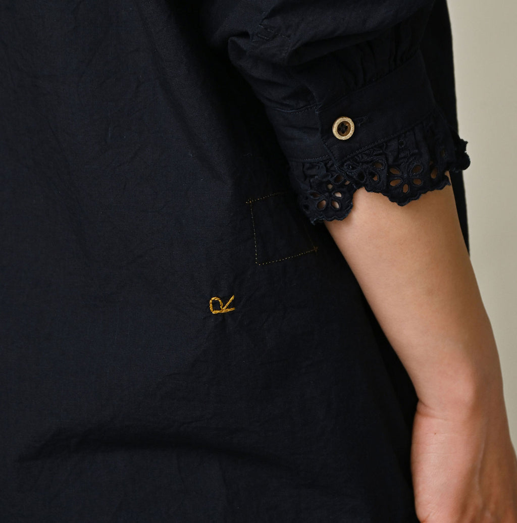 Indigo Supima Batiste Cutwork Blouse Detail