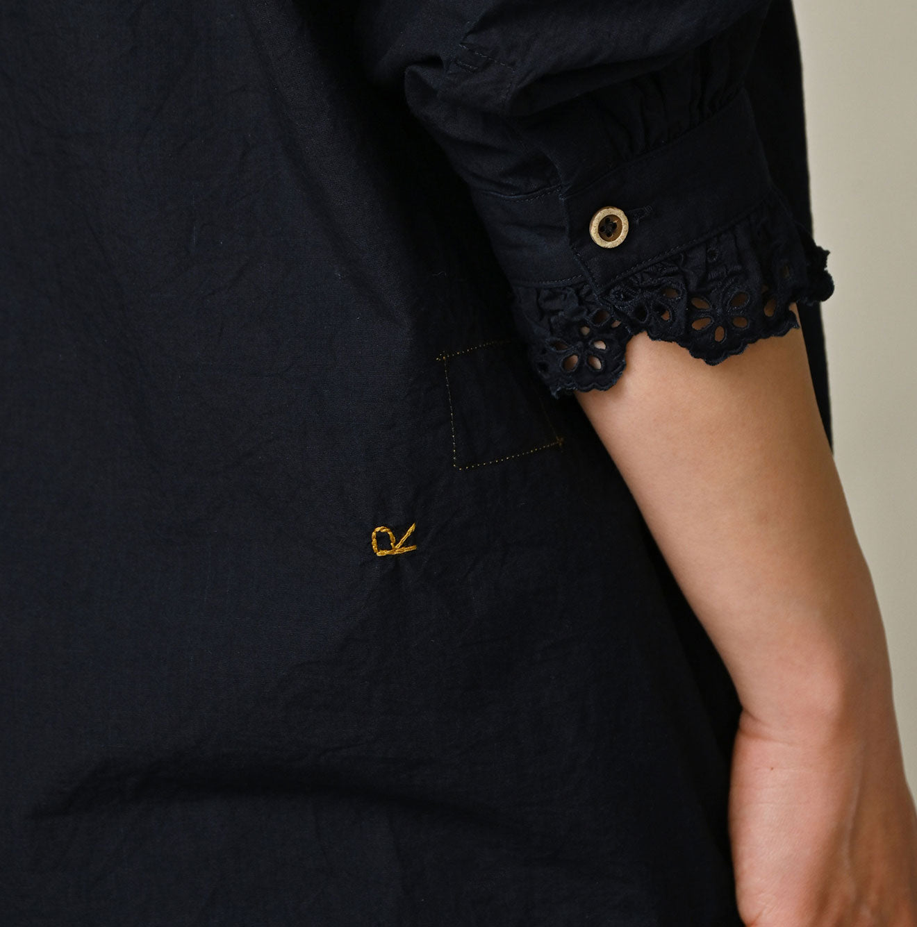 Indigo Supima Batiste Cutwork Blouse Detail
