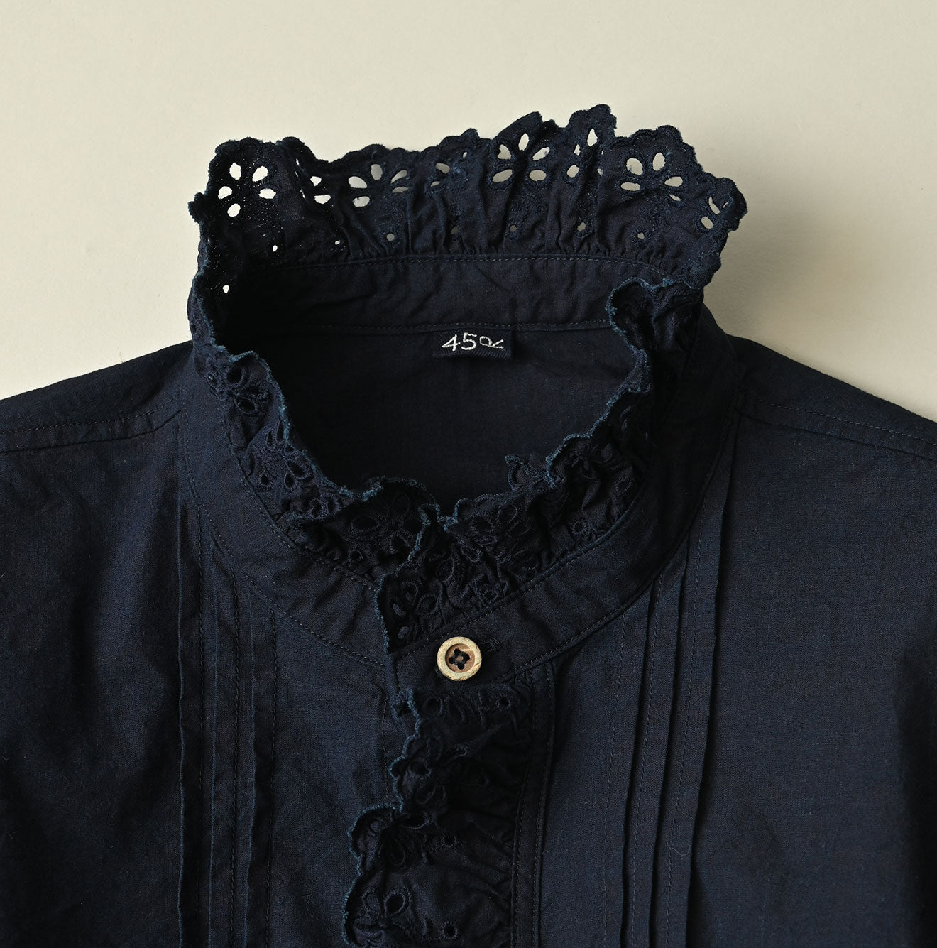 Indigo Supima Batiste Cutwork Blouse Detail
