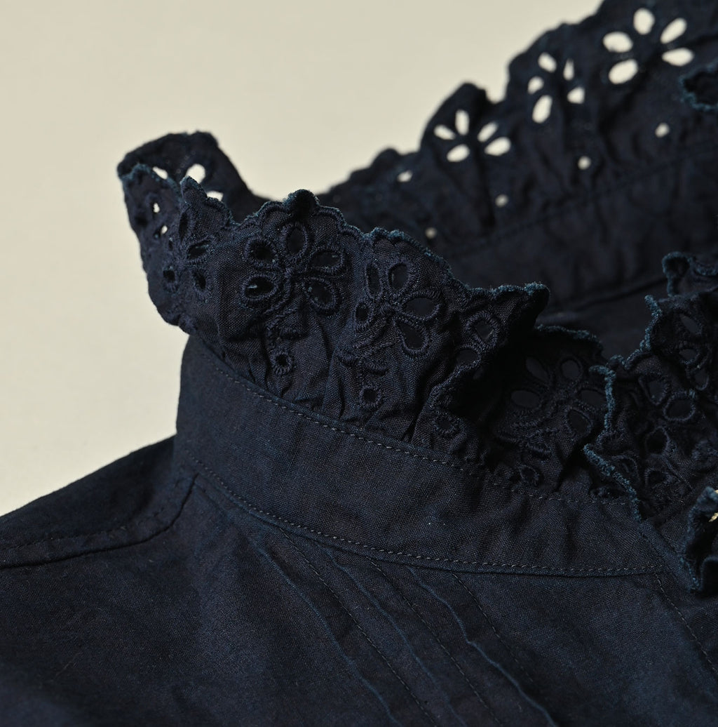 Indigo Supima Batiste Cutwork Blouse Detail