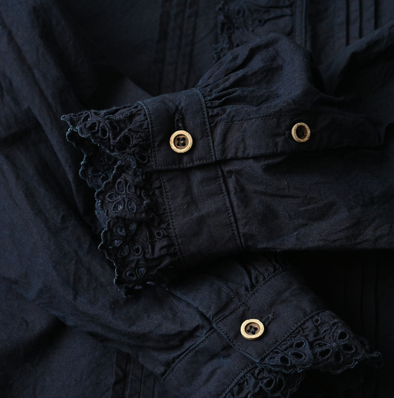 Indigo Supima Batiste Cutwork Blouse Detail