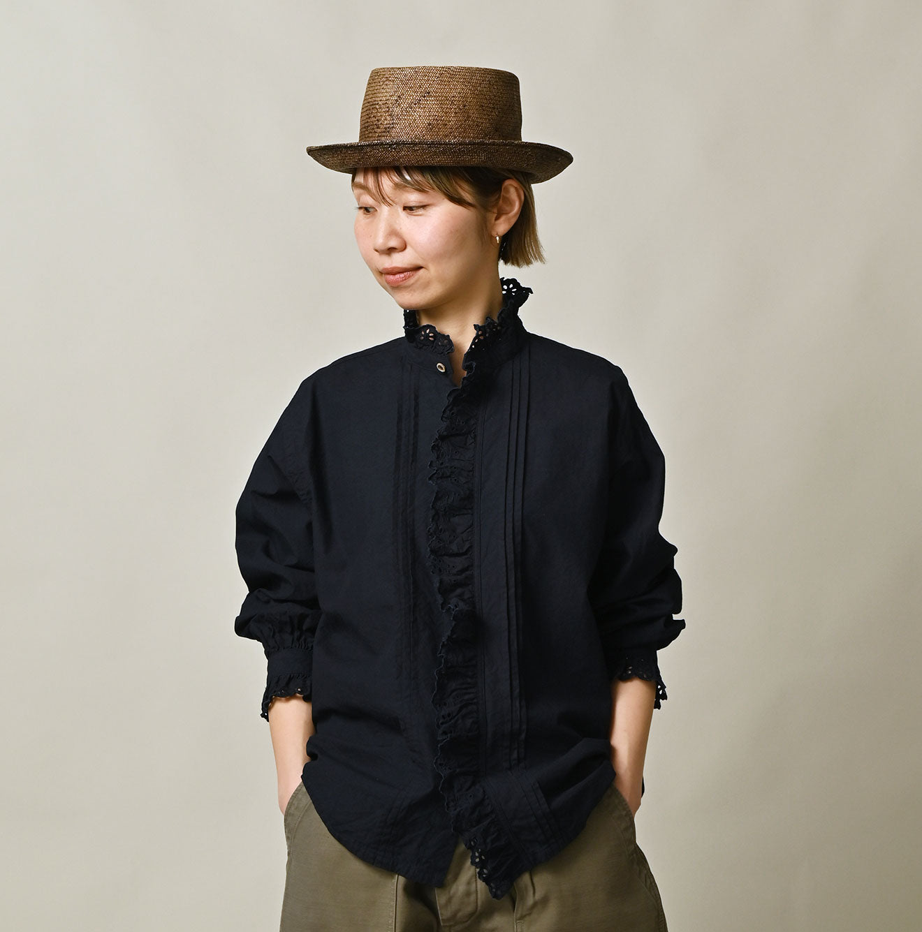 Indigo Supima Batiste Cutwork Blouse Female Model