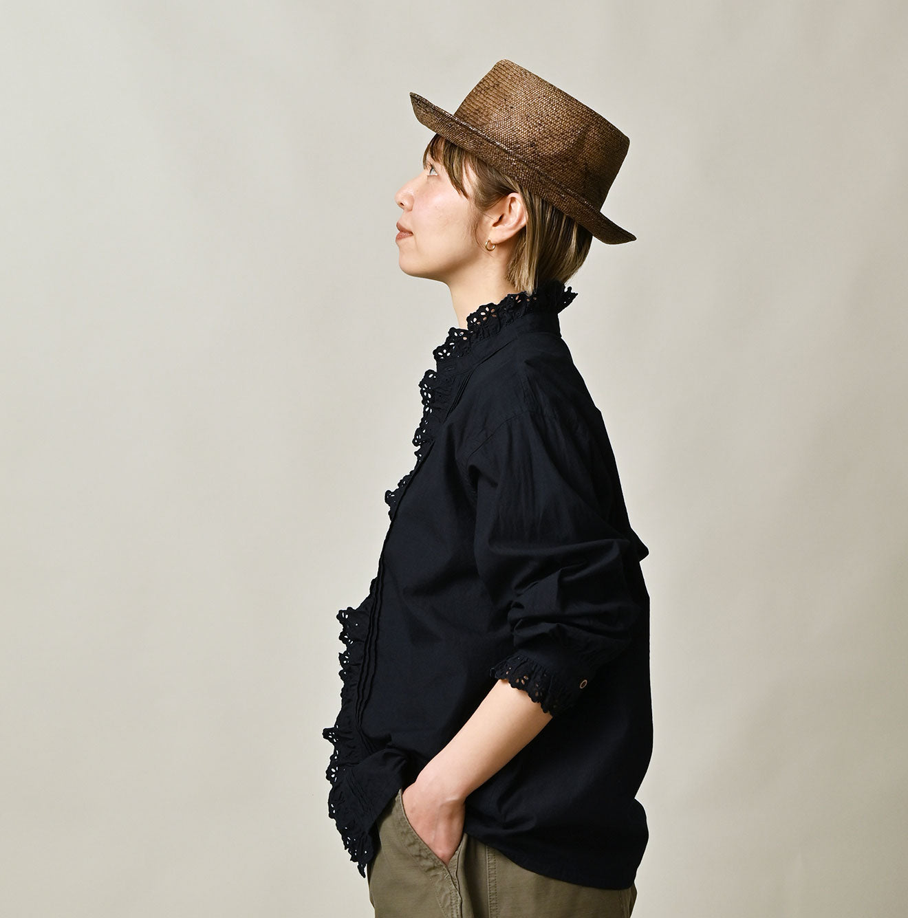 Indigo Supima Batiste Cutwork Blouse Female Model