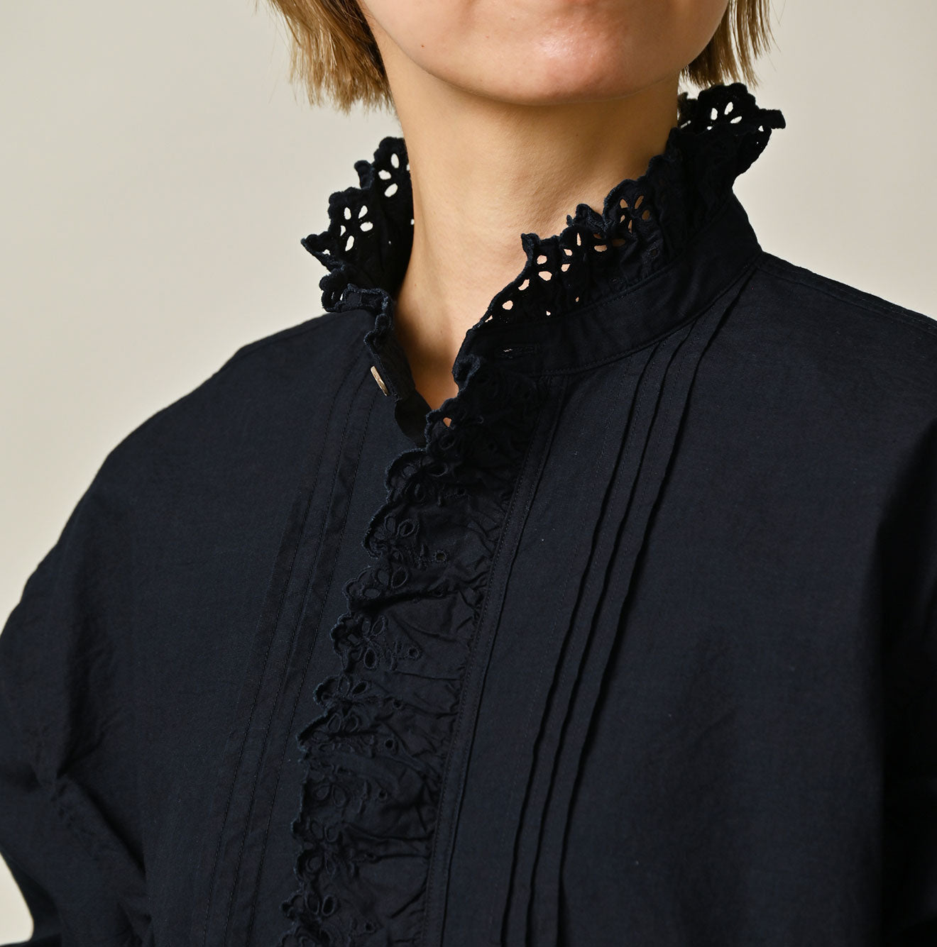 Indigo Supima Batiste Cutwork Blouse Detail
