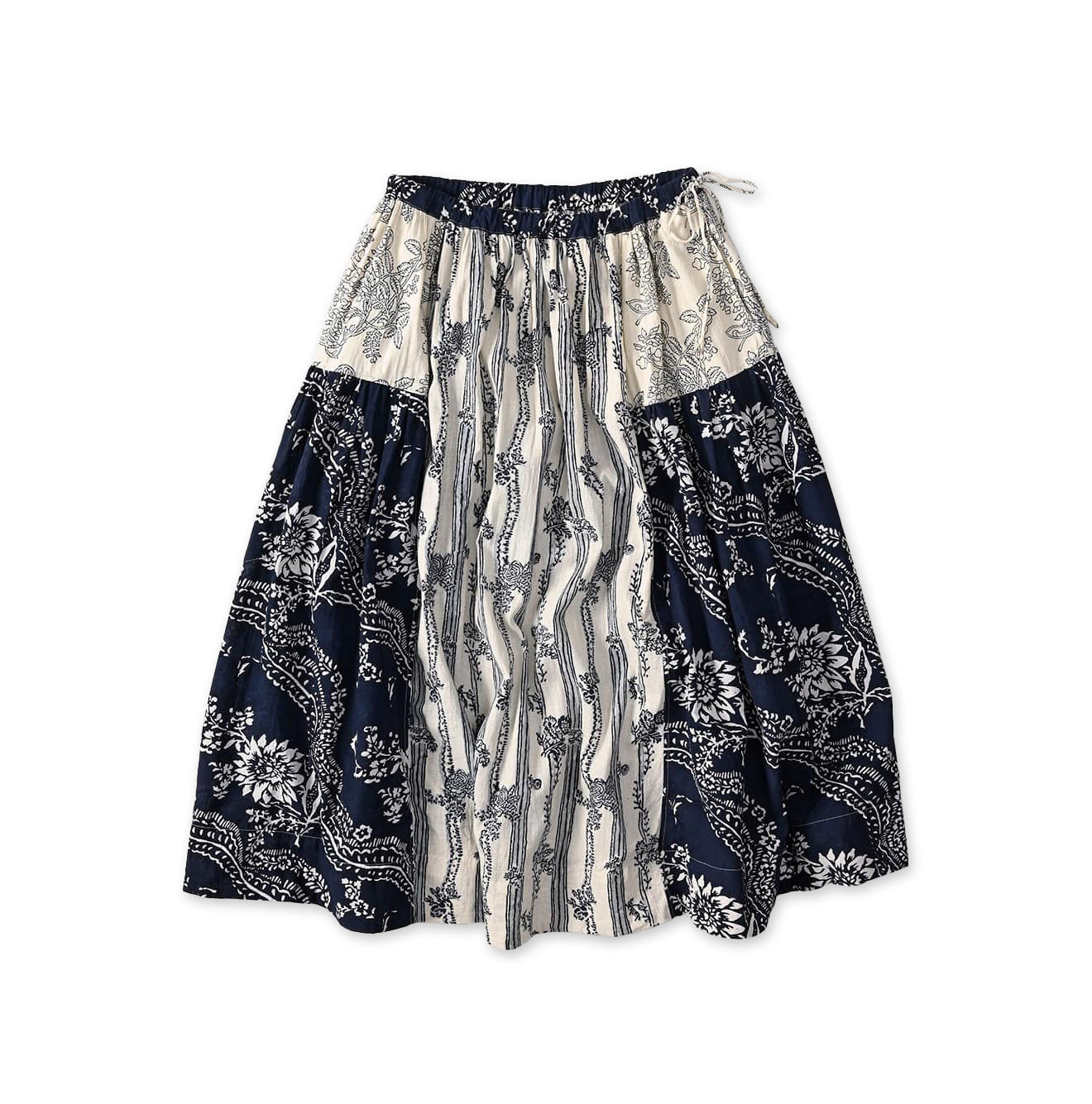 Indian Khadi Block Print Patchwork Skirt Navy