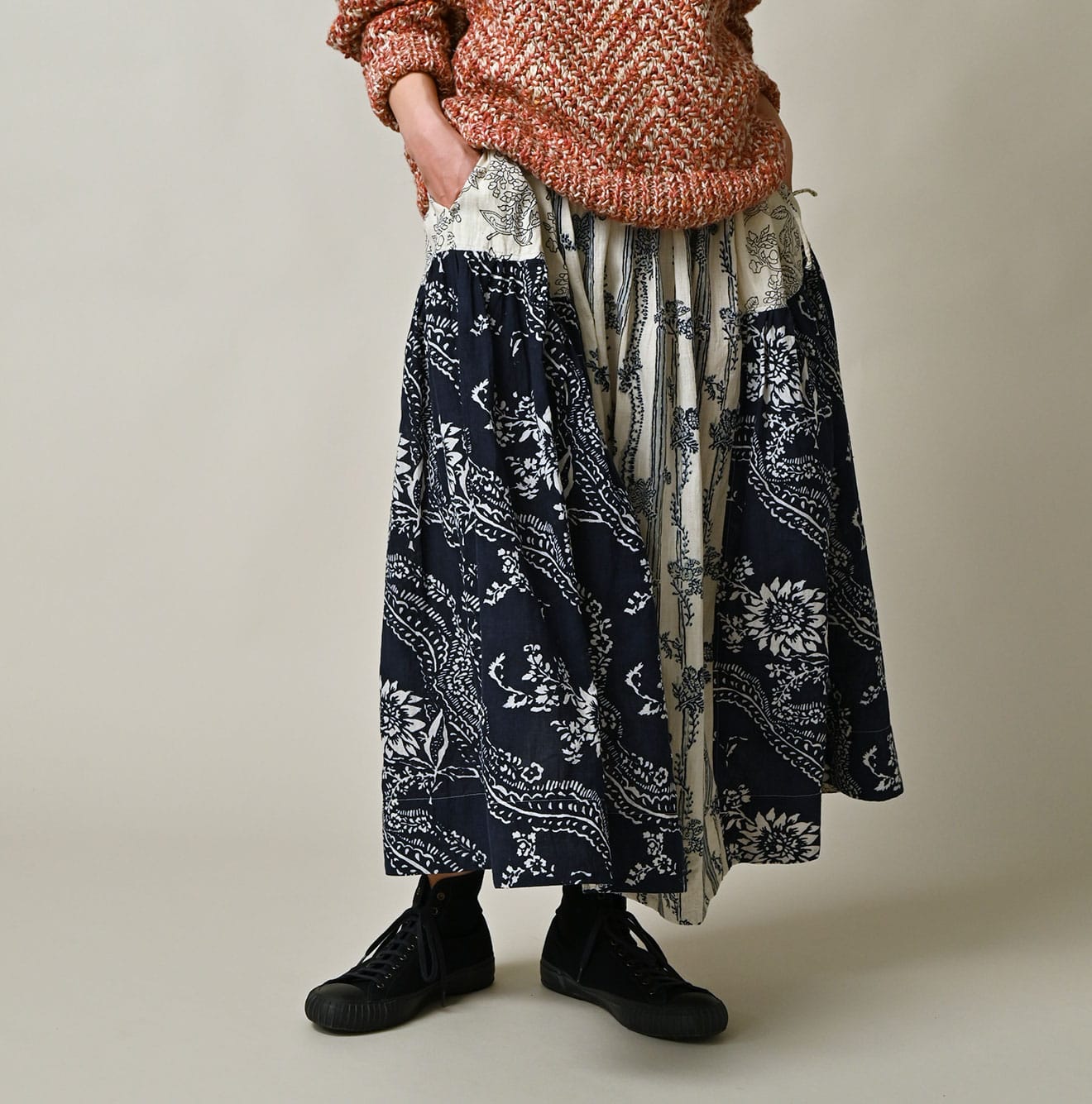 Indian Khadi Block Print Patchwork Skirt Female Model