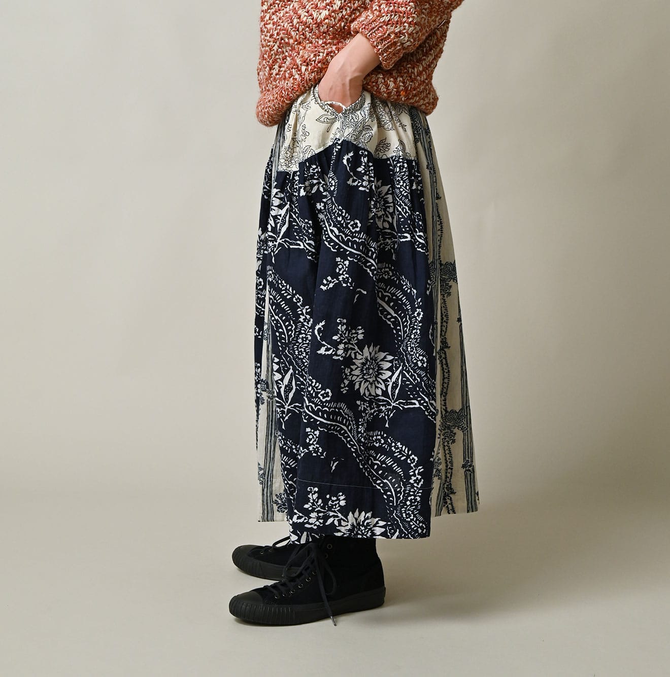 Indian Khadi Block Print Patchwork Skirt Female Model