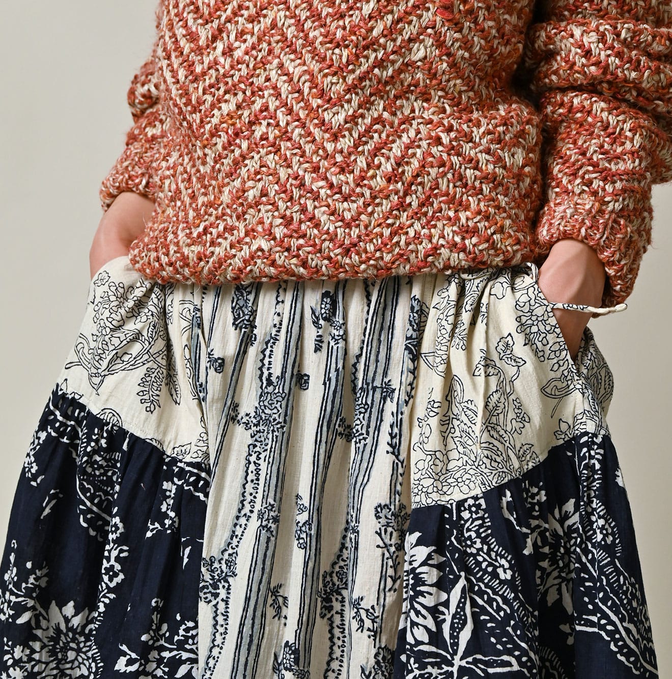 Indian Khadi Block Print Patchwork Skirt Detail