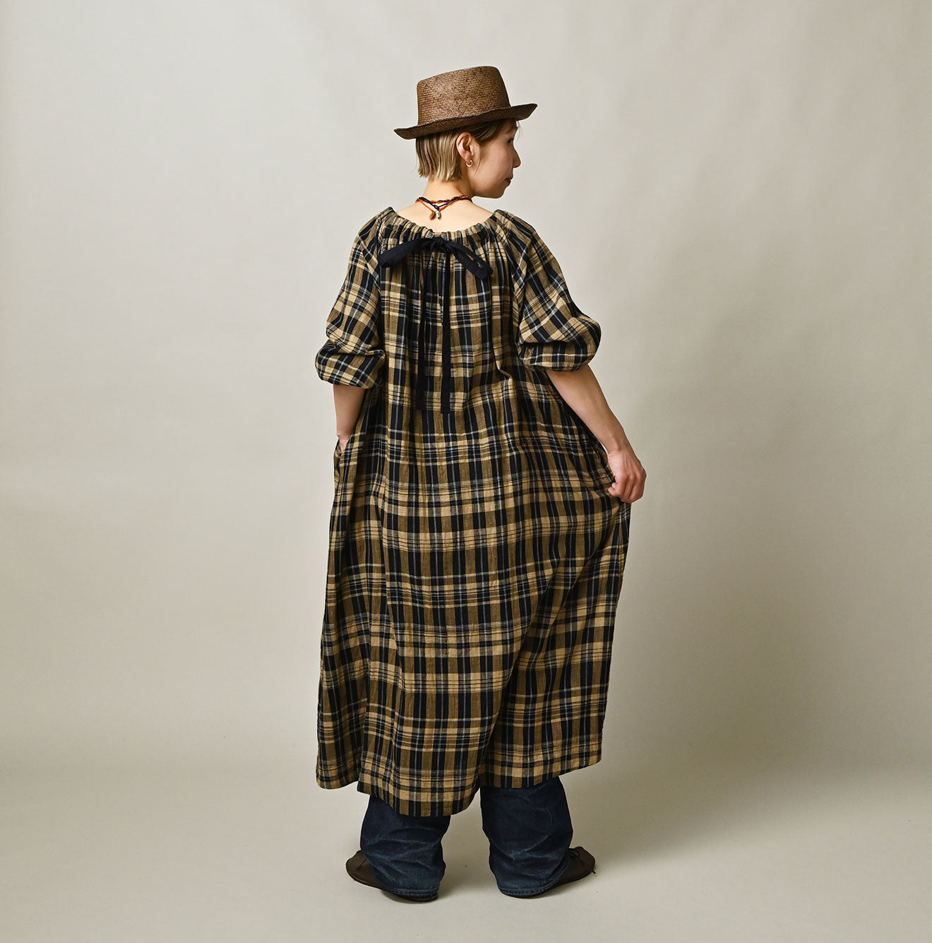 Indigo Double Woven Shirring Dress Female Model