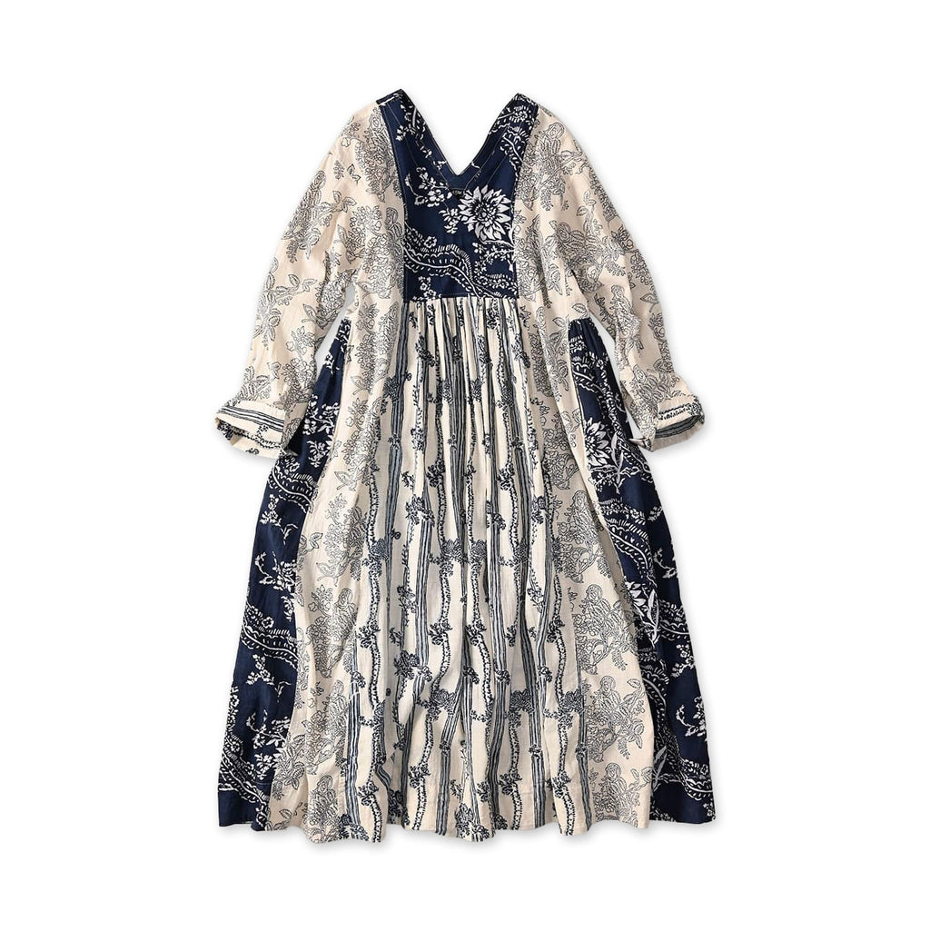 Indian Khadi Block Print Patchwork Dress Navy