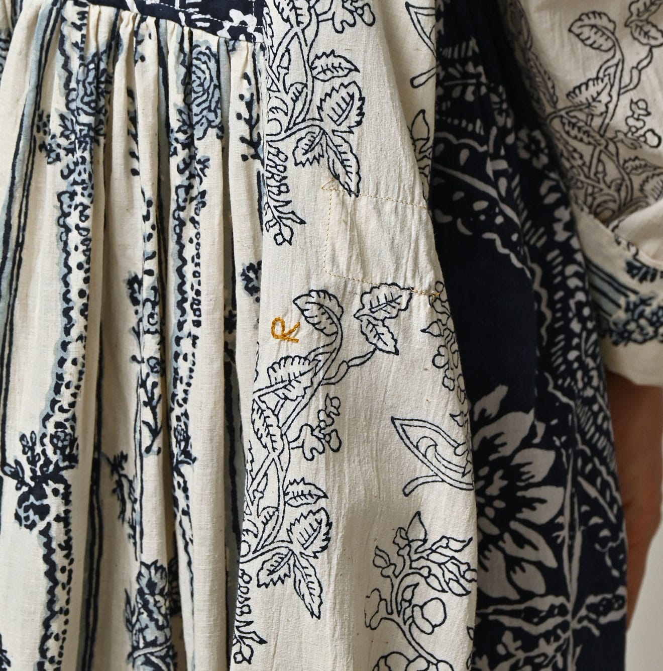 Indian Khadi Block Print Patchwork Dress Detail