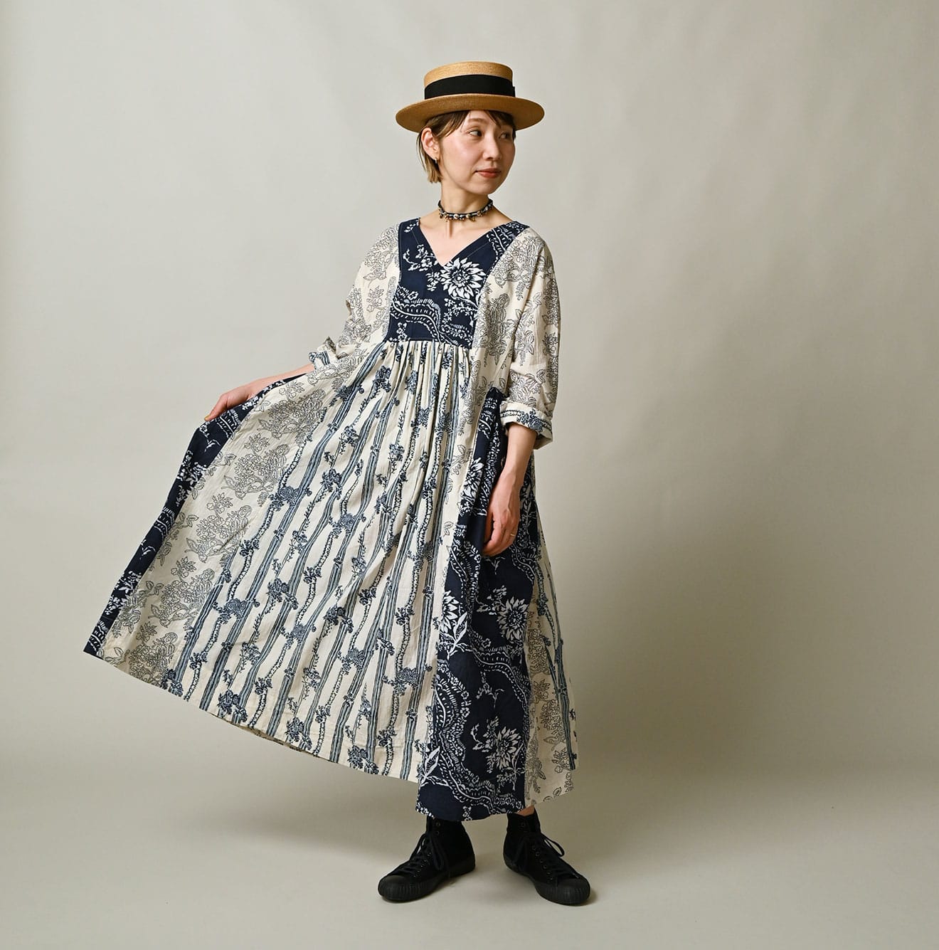Indian Khadi Block Print Patchwork Dress Female Model