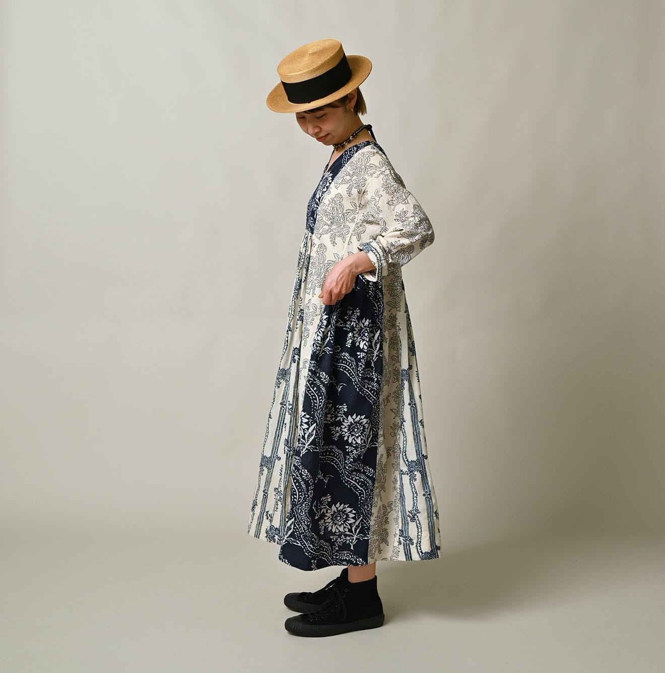 Indian Khadi Block Print Patchwork Dress Female Model