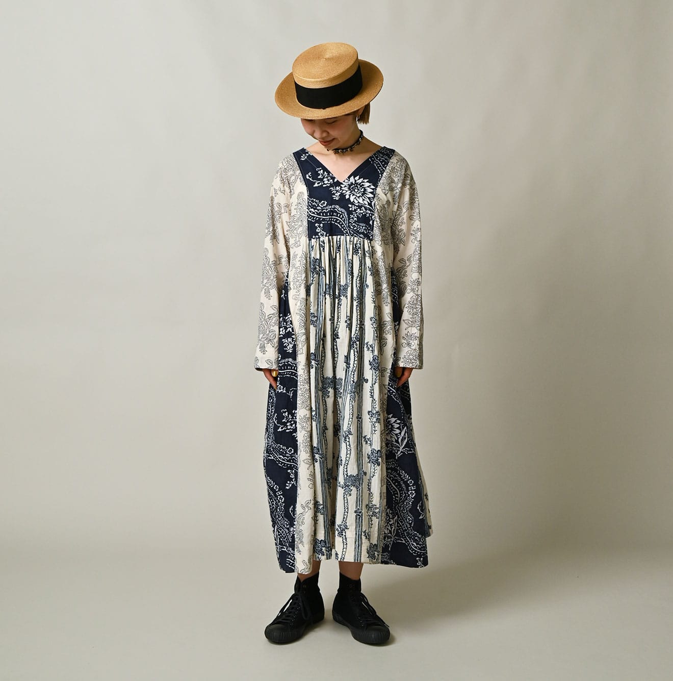 Indian Khadi Block Print Patchwork Dress Female Model