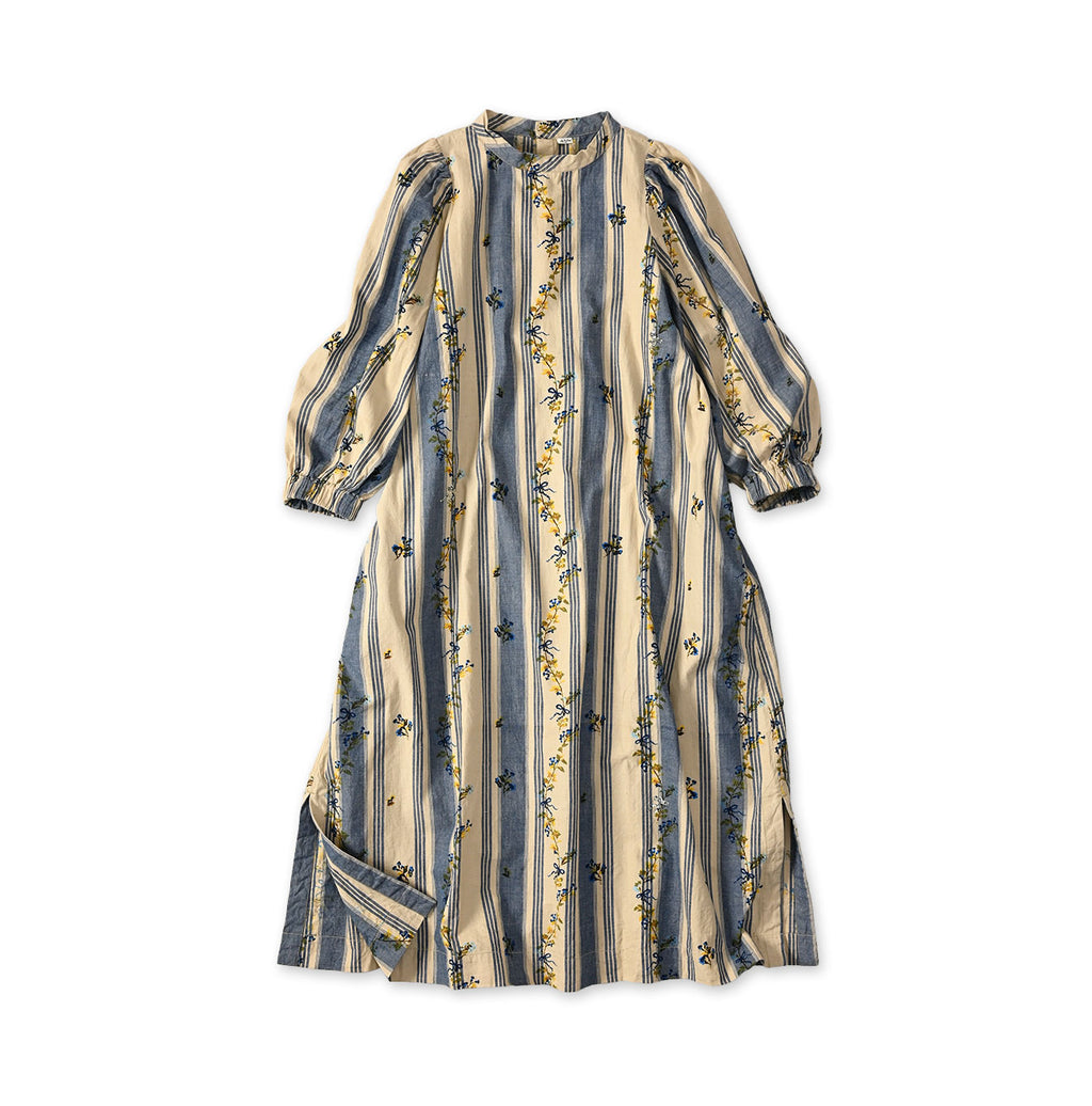 Indian Khadi OX SAIJIKI Poyon Puff Dress Blue Stripes