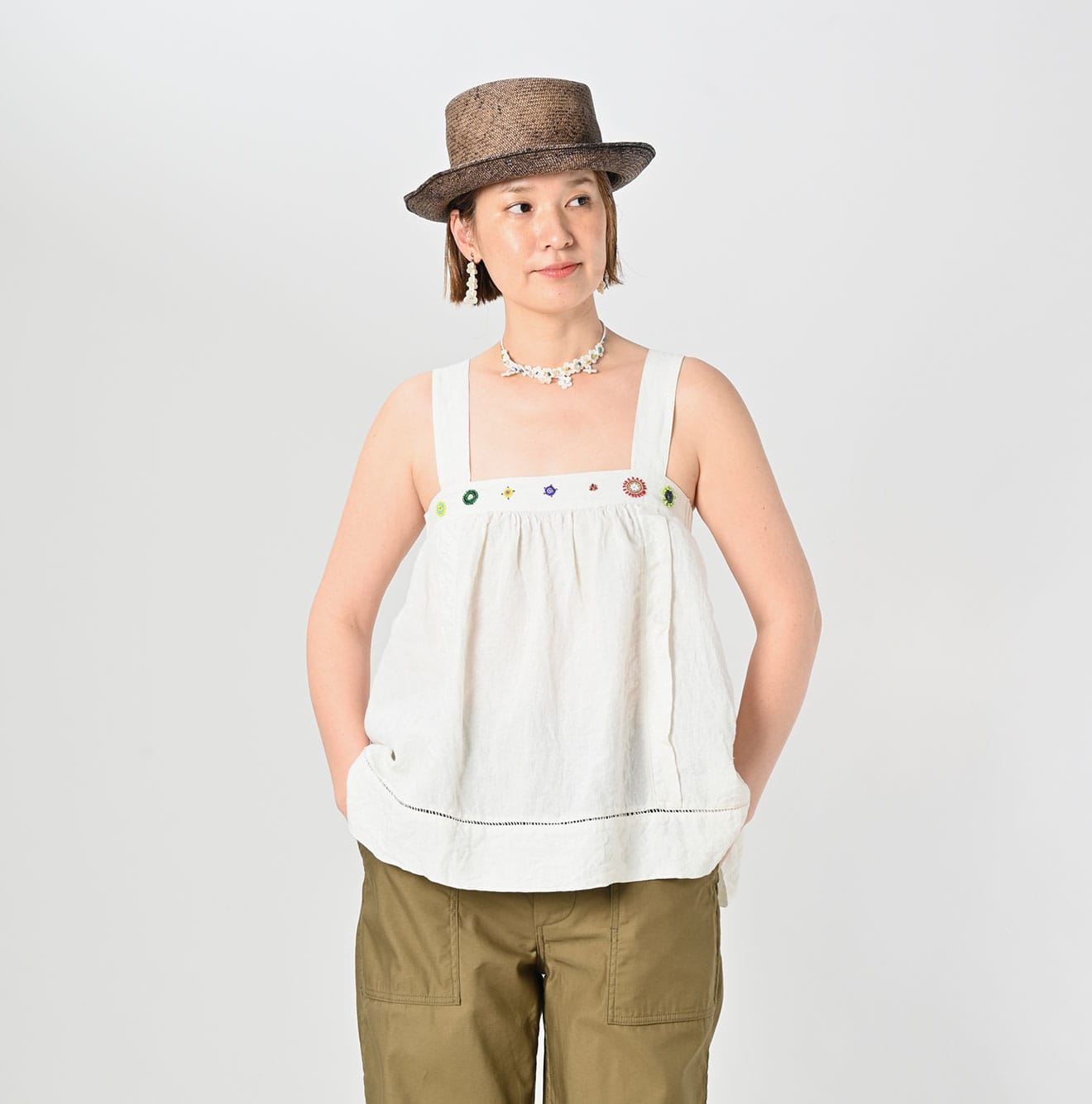 Indian Linen Beads Embroidery Camisole Female Model