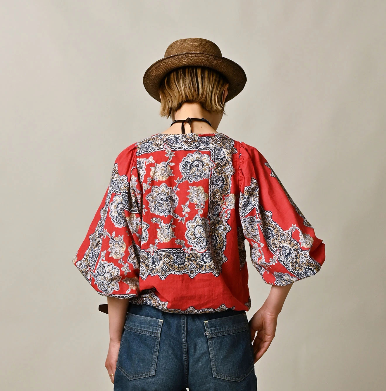 Bandana Paisley Print Puff Blouse Female Model
