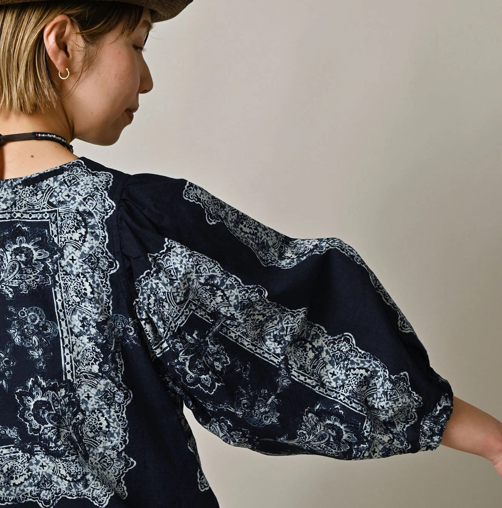 Indigo Bandana Paisley Print Puff Blouse Detail