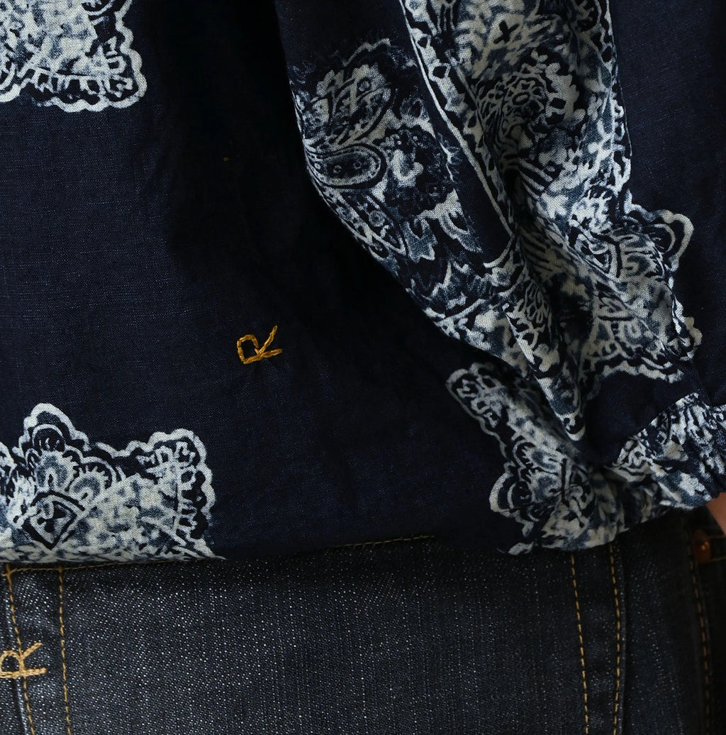 Indigo Bandana Paisley Print Puff Blouse Detail