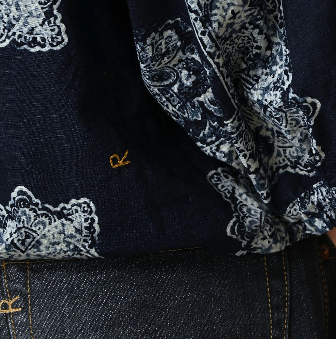 Indigo Bandana Paisley Print Puff Blouse Detail