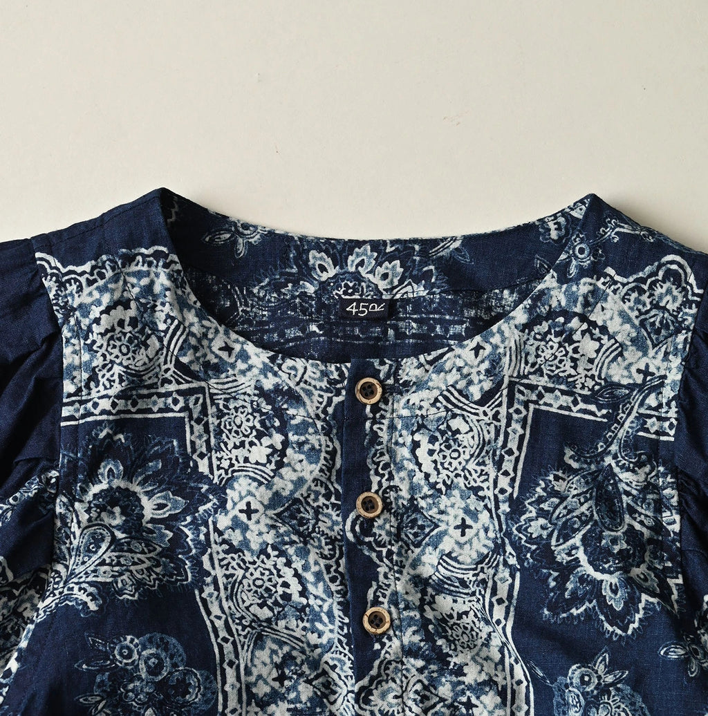 Indigo Bandana Paisley Print Puff Blouse Detail
