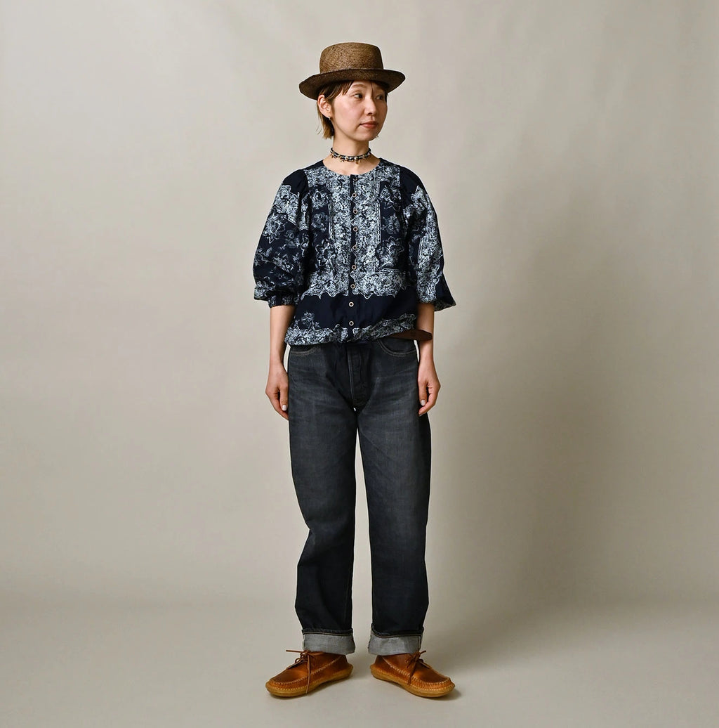 Indigo Bandana Paisley Print Puff Blouse Female Model