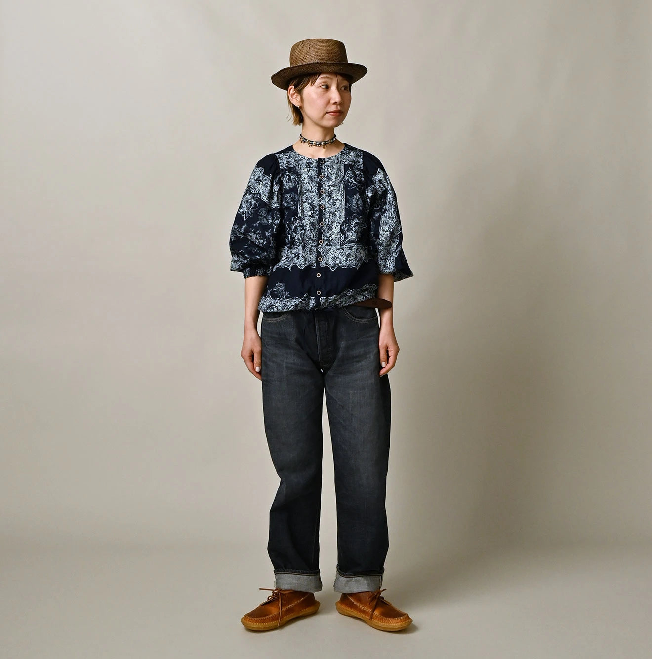 Indigo Bandana Paisley Print Puff Blouse Female Model