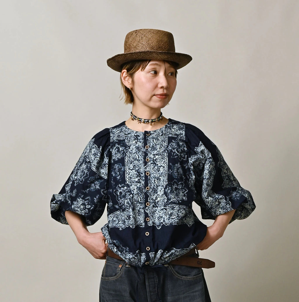 Indigo Bandana Paisley Print Puff Blouse Female Model