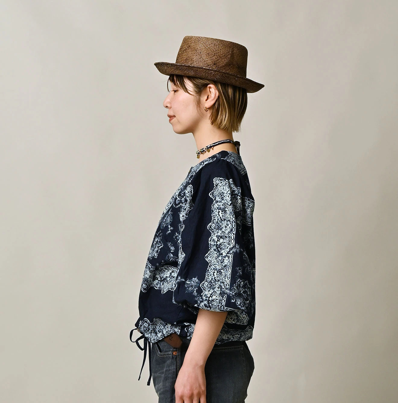 Indigo Bandana Paisley Print Puff Blouse Female Model