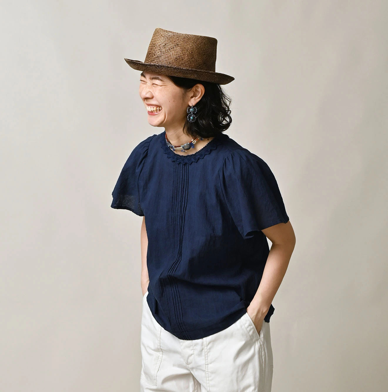 Ai Indian Khadi Pin Tuck Lace Blouse Female Model