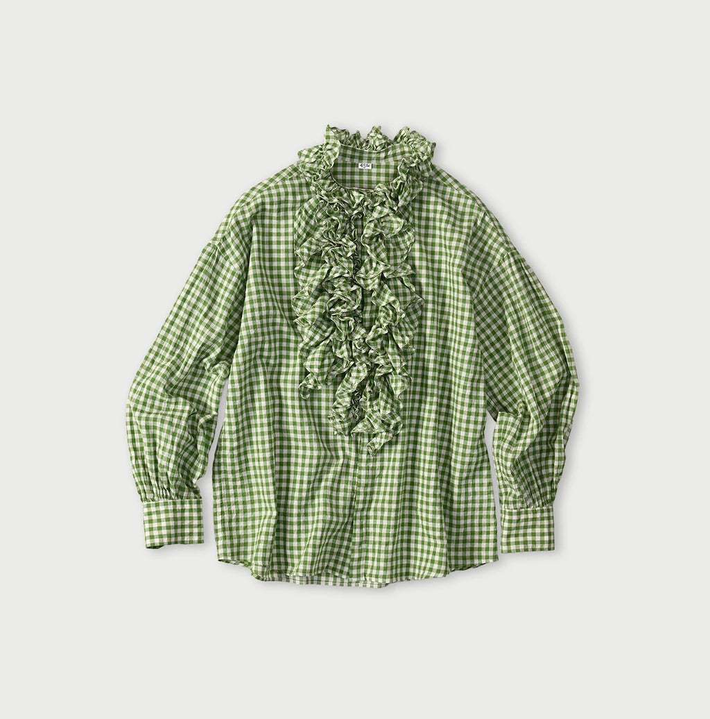 Gauze Gingham Frill Long Sleeve Coupé Shirt Green Gingham