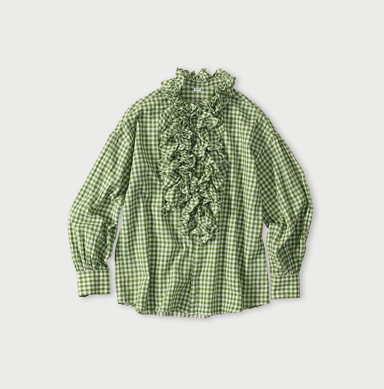 Gauze Gingham Frill Long Sleeve Coupé Shirt Green Gingham