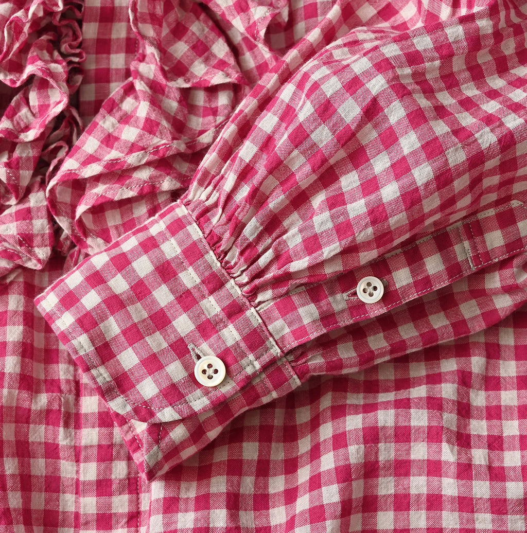 Gauze Gingham Frill Long Sleeve Coupé Shirt Detail