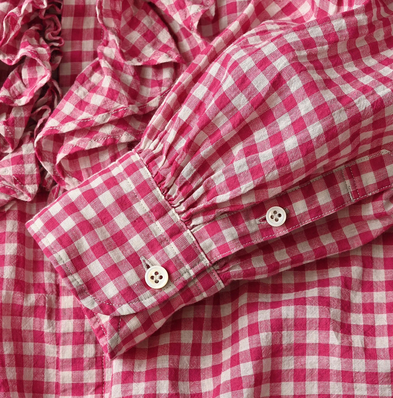 Gauze Gingham Frill Long Sleeve Coupé Shirt Detail