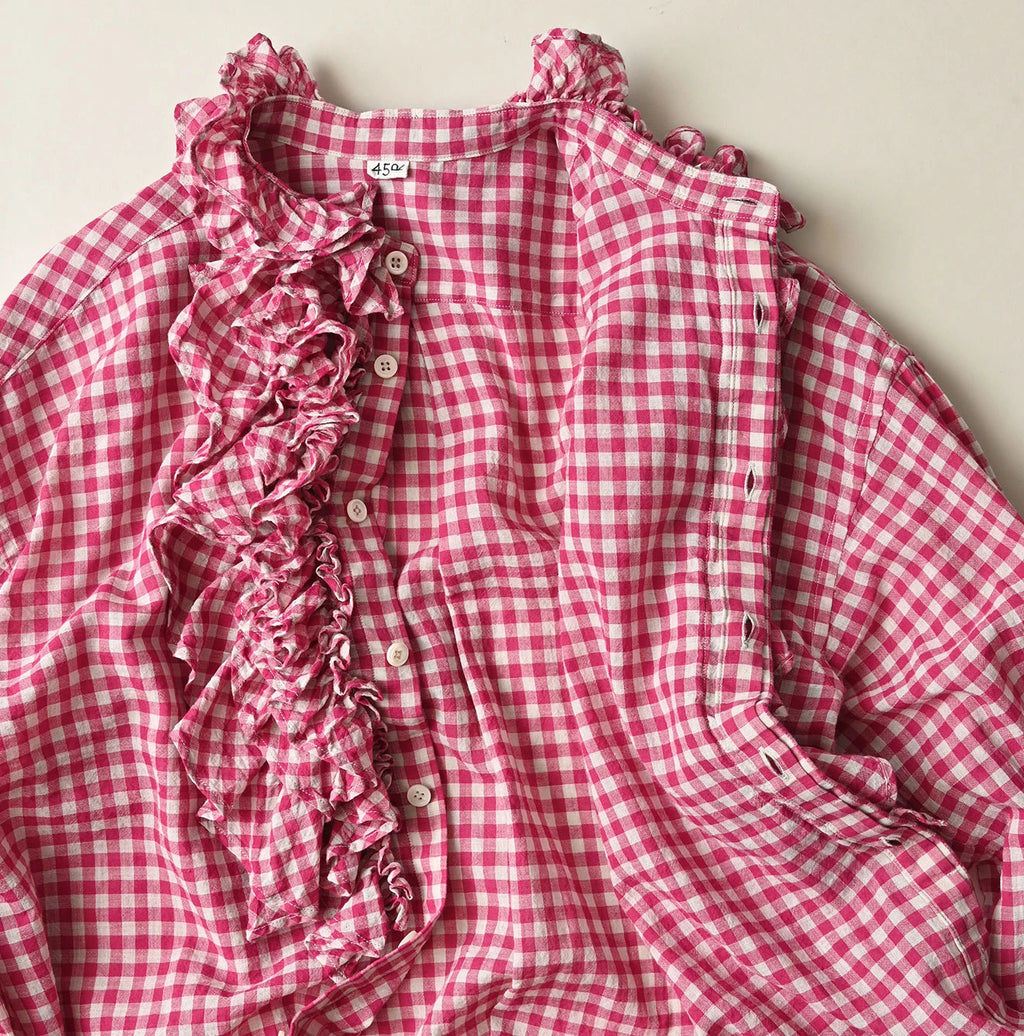 Gauze Gingham Frill Long Sleeve Coupé Shirt Detail