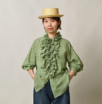 Gauze Gingham Frill Long Sleeve Coupé Shirt Female Model Detail