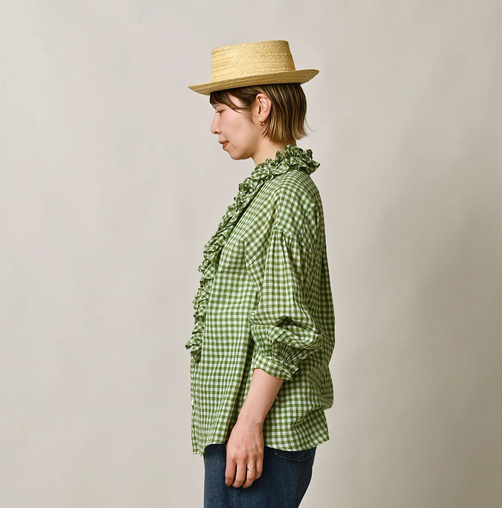 Gauze Gingham Frill Long Sleeve Coupé Shirt Female Model Detail