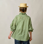 Gauze Gingham Frill Long Sleeve Coupé Shirt Female Model Detail