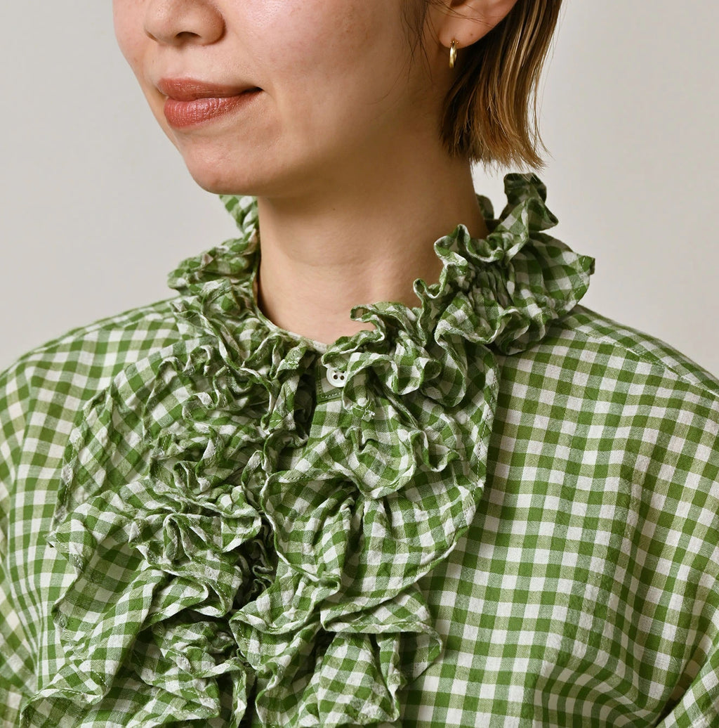 Gauze Gingham Frill Long Sleeve Coupé Shirt Detail