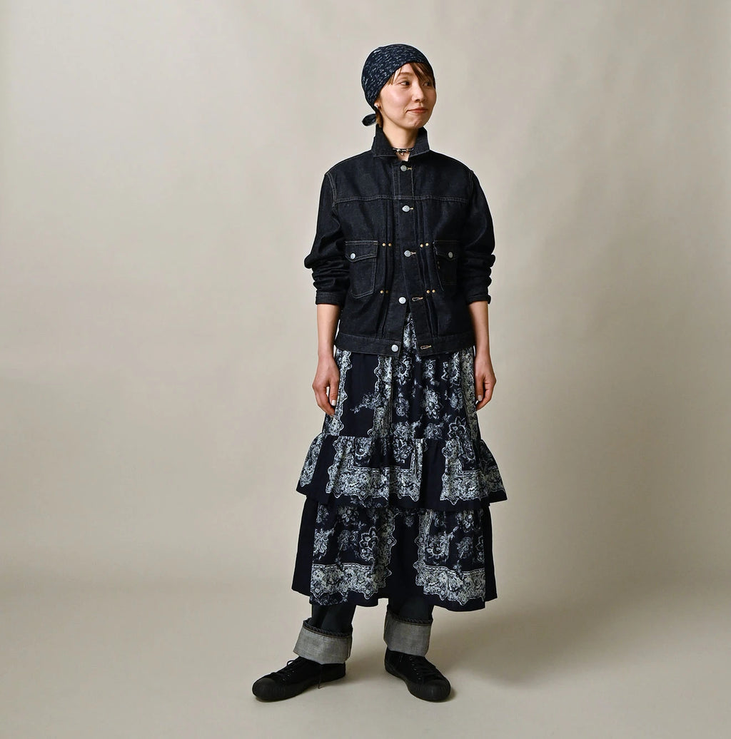 Indigo Bandana Paisley Print Tiered Frill Petit Skirt Female Model