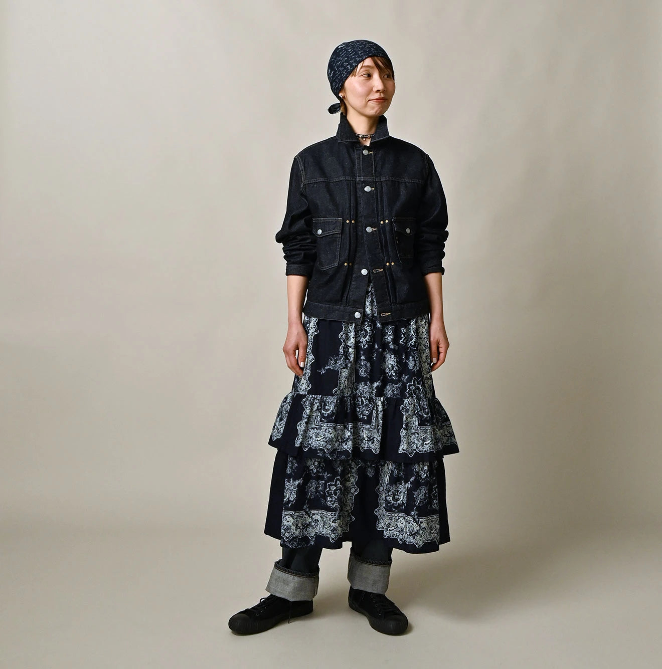 Indigo Bandana Paisley Print Tiered Frill Petit Skirt Female Model
