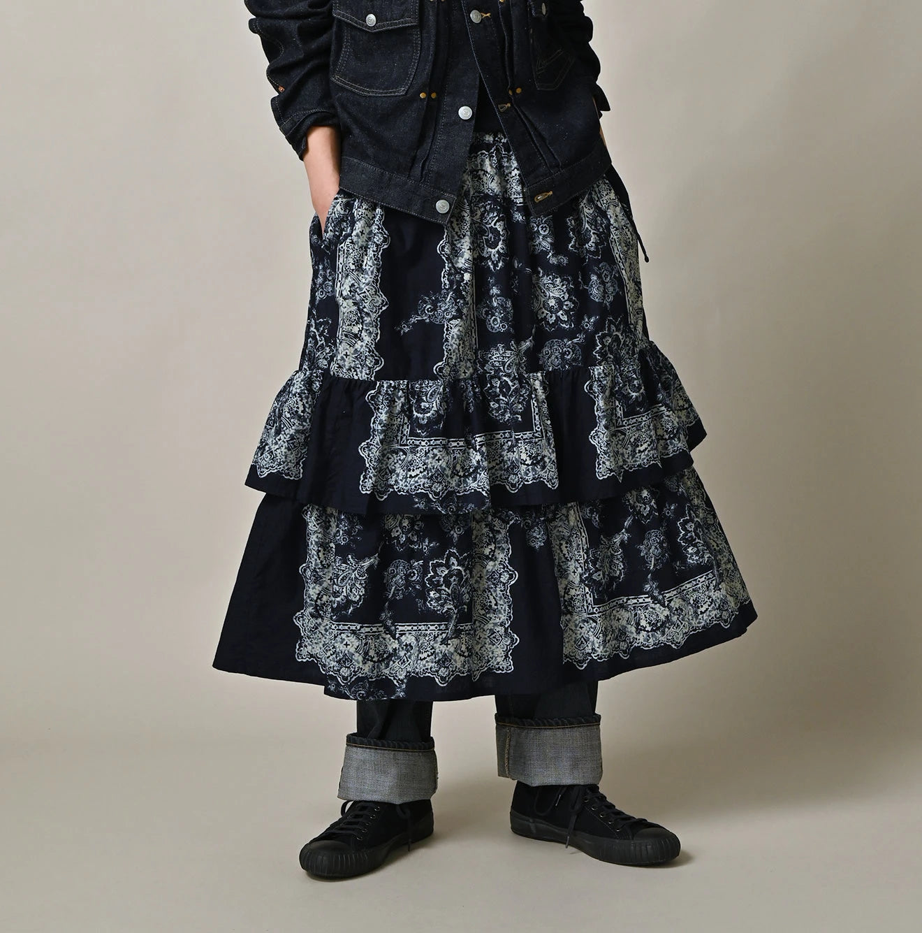 Indigo Bandana Paisley Print Tiered Frill Petit Skirt Female Model