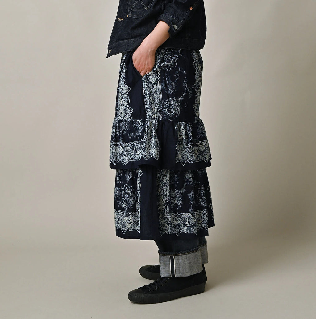 Indigo Bandana Paisley Print Tiered Frill Petit Skirt Female Model