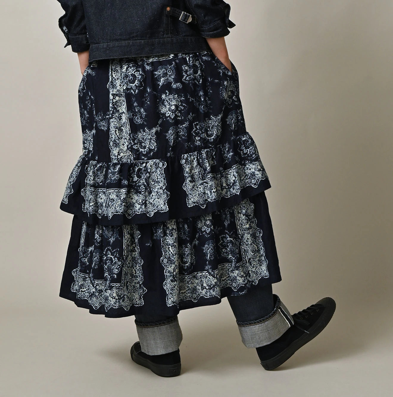 Indigo Bandana Paisley Print Tiered Frill Petit Skirt Female Model