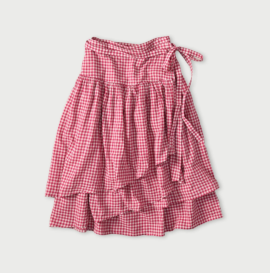 Gauze Gingham Guruguru Skirt Magenta Gingham