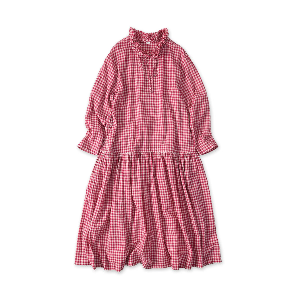Gauze Gingham Frill Collar Dress Magenta Gingham