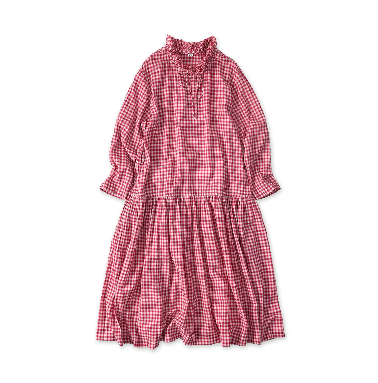 Gauze Gingham Frill Collar Dress Magenta Gingham