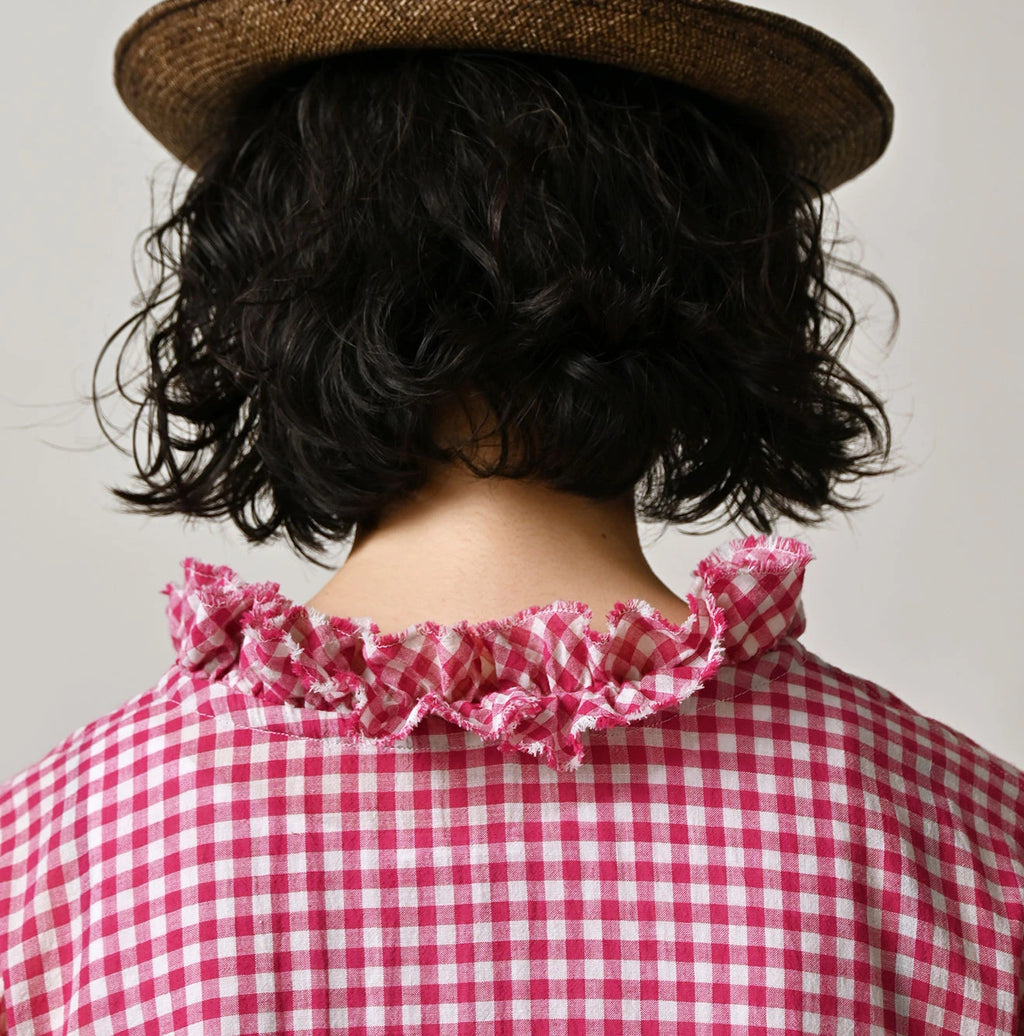 Gauze Gingham Frill Collar Dress Detail