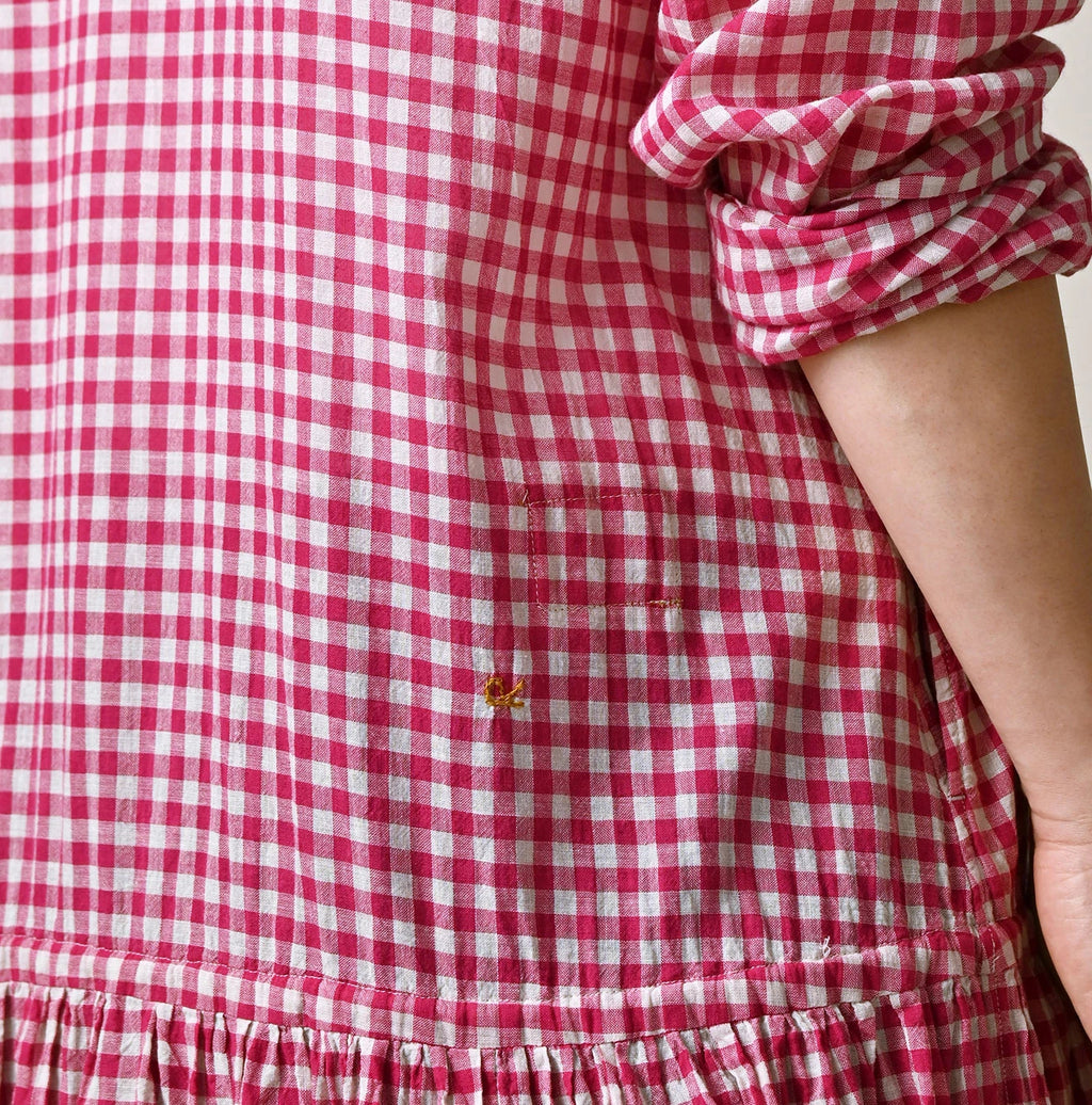 Gauze Gingham Frill Collar Dress Detail